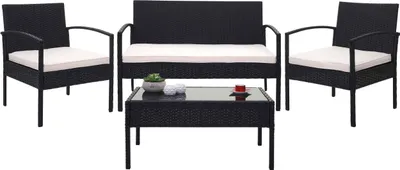 Produktbild von Poly-Rattan Garnitur HWC-F56, Balkon-/Garten-/Lounge-Set Sitzgruppe - schwarz, Kissen creme