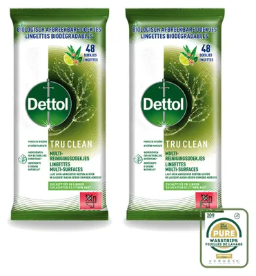 Productafbeelding van 2 x Dettol Tru Clean multifunctionele reinigingsdoekjes - Eucalyptus & Limoen - Biologisch afbreekbaar - Voordeelverpakking - 2 stuks