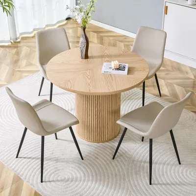 Produktbild von STILVORA Küchentisch mit 1 Tisch und 4 Stühlen,Esstisch mit 100 cm Durchmesser in heller Holzoptik,Rundtisch-Set mit 4 Stühlen aus grauem Kunstleder und verbreiterter Sitzfläche
