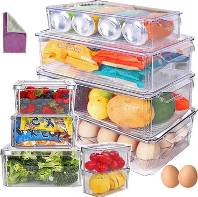 Image de Organiseur de réfrigérateur avec couvercle, lot de 9 pièces, boîtes de réfrigérateur transparentes, bacs à fruits sans BPA pour la cuisine, les placards et le réfrigérateur, chiffon de nettoyage