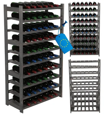 Produktbild von MODO24 Weinregal Holz, 10 Flaschenablagen, Flaschenständer, Flaschenregal, Kellerregal, Massivholz Kiefer, 124,2x70x33 cm, Grau, LSR
