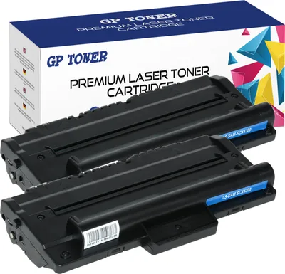 Two black toner cartridges are placed in front of a box with the brand name and product details.