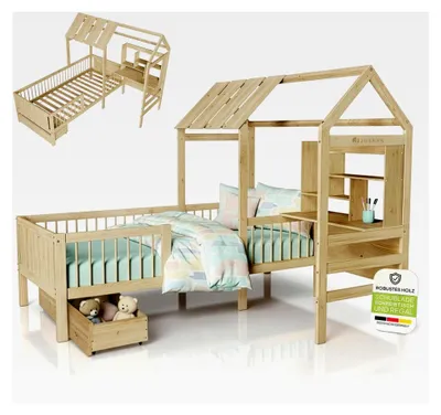 Produktbild von Kinderbett Yari 90x200 cm - Einzelbett mit Schreibtisch und Schublade, Kiefernholz und langlebigen Materialien, verspieltes Haus-Design - Natur
