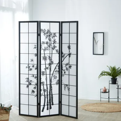 Produktbild von Homestyle4u Paravent Raumteiler 3 teilig Holz Schwarz Reispapier Höhe 175 cm Indoor