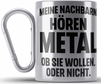 Produktbild von Trendation - Heavy Metal Geschenke Rockmusik Geschenk Edelstahl Tasse Karabiner Lustig Deko (Silber)