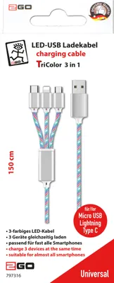 Produktbild von 2GO 3in1 USB LED Kabel blau Micro-USB,Lightning,USB-C 1m