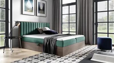 Produktbild von Kontinentales Bett 140x200 CHANTELLE 4 - dunkle Eiche / Grün + GRATIS Matratzenauflage