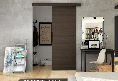 A modern interior with a sliding door, desk, and shelving unit.