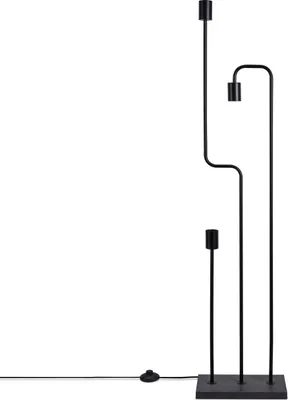 A black floor lamp with multiple light fixtures and a square base, set against a white background.