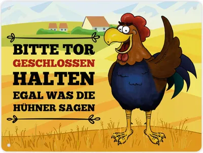 Produktbild von Metallschild XL mit Hahn Motiv und Spruch: Bitte Tor geschlossen halten ...