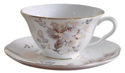 Produktbild von Tasse und Untertasse Set Blumenmuster Hellgelb 250ml Porzellan mit Goldrand