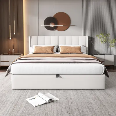 Obrázek produktu pro MODFU Boxspring postel hydraulická 160 x 200 cm s LED podsvícením, Čalouněná postel funkční s USB nabíjecím portem, Manželská postel s úložným prostorem,PolyuretanBílá (Bez matrace)