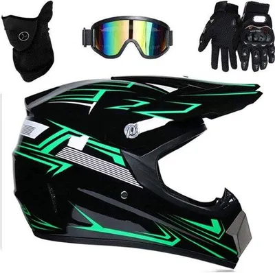 Produktbild von Motorradhelm Set - Off-Road Helm - Sicher Motorradfahren - Inklusive Brille und Handschuhe - Kopfumfang 51-58 cm - Schwarz