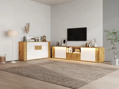 Immagine prodotto di Mobile TV STILVORA con 2 ante e cassetto, mobile porta TV con 3 ante, set di 2 mobili per il soggiorno, set di mobili per televisori da 75 pollici