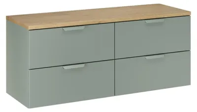 Image de Ensemble de salle de bain OSTER 120cm : meubles sous vasque à tiroirs vert sauge + plan pour vasque aspect chêne clair
