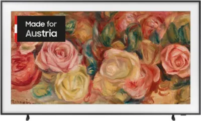 A Samsung television displaying a painting of roses, with a "Made for Austria" badge in the top-left corner.