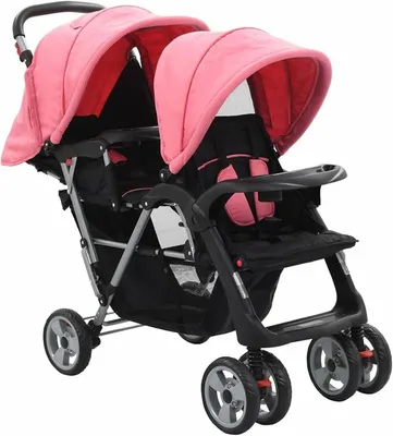 Produktbild von Geschwisterwagen Zusammenklappbar Kinderwagen Buggy Kinderwagen Tandem Kinderwagen Geschwisterkinderwagen Doppelkinderwagen Zwillingswagen Zwillingsbuggy Stahl Rosa und Schwarz