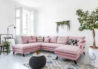 Produktbild von MIUFORM Charming Charlie - Ecksofa mit Bettfunktion und Bettkasten U-FORM LINKS - 302x200cm - Puderrosa - Sofa Schlafsofa Couch