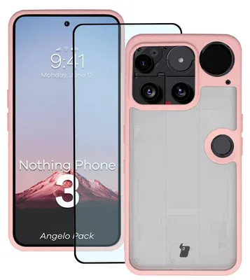 Produktbild von Schutzhülle + gehärtetem Glas für Nothing Phone (3), Bizon Angelo Pack, Semitransparent mit hellrosem Rahmen