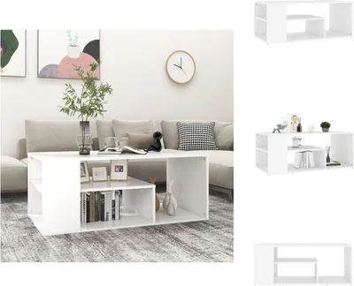 A white coffee table is shown in a living room setting with a sofa and artwork in the background.