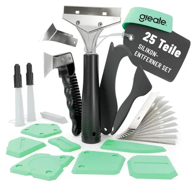 Immagine prodotto di Set completo di 25 pezzi per la rimozione di silicone e acrilico, ideale per rinnovare le fughe. Include strumenti e accessori per la rimozione efficace del silicone e dell'acrilico