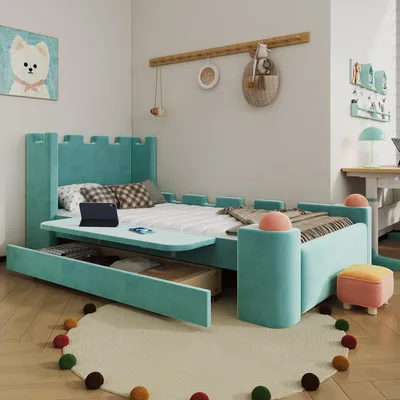 Immagine prodotto di Letto per bambini Flieks, 90x200 cm, con cassetto; letto imbottito con ripiano laterale pieghevole; letto singolo in legno con rete a doghe e testiera; tessuto in velluto, colore blu