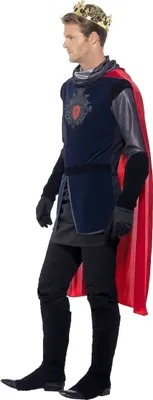 A man wearing a king's costume, shown from the side.