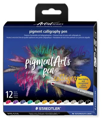 Produktbild von STAEDTLER pigment calligraphy 375 Tuschestift mit Kalligraphiespitze Etui mit 12 Farben