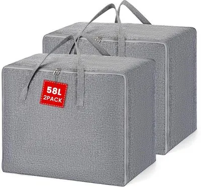 Produktbild von Ibenzoa® Faltbare Aufbewahrungstasche für Bettdecken 58 L – 2er-Set, Grau, 60×40×24 cm, Baumwolle‑Leinen, Tragegriff & Doppelreißverschluss