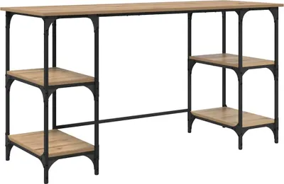 A studio shot of a wooden and metal desk with shelves.