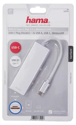 Obrázek produktu pro Hama Aluminium, USB 3.2 Gen 2 (3.1 Gen 2) Type-C, Stříbrná, MicroSD (TransFlash), MicroSDHC, SD, SDHC, USB 3.2 Gen 2 (3.1 Gen 2) Type-A, USB 3.2 Gen 2 (3.1 Gen 2) Type-C, 230 mm, 140 mm
