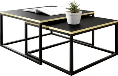 Produktbild von KIER FURNITURE LOFTI Couchtisch 2er Set Beistelltisch Tisch - Schwarz und Goldfarbenes Furnier