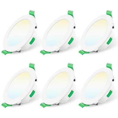 Six white LED downlights with green clips are arranged in two rows of three against a white background.