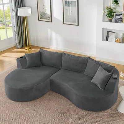 Produktbild von MODFU 3-Sitzer Linke Chaiselongue mit Kissen und Getränkehalter Wohnzimmersofa Bogenförmiges Design Loungesofa Schlafsofa Kordstoff Für das Wohnzimmer geeignet Grau