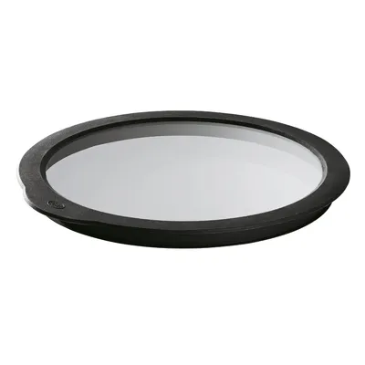 A round glass lid with a black rim is shown against a white background.