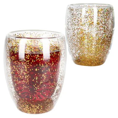 Image de 2x Confetti verre thermique à double paroi or-paillettes 270ml boissons chaudes & froides
