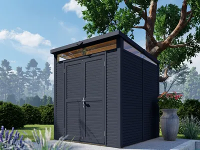 Produktbild von WOODTEX Anthrazit Gartenhaus Pentos 5,11 m² Grundfläche, Rhombusprofil 18 mm Wandstärke, Fichtenholz, Pultdach, Mit Doppeltür Und Fenstern, Elementbauweise, Inklusive Fußboden