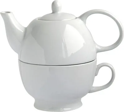 A white porcelain teapot stacked on top of a matching cup.