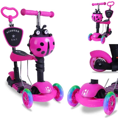 Produktbild von Habib 5-in-1 Kinderroller mit Rückenlehne – Abnehmbarer Sitz, LED-Räder & höhenverstellbarer Lenker. Ideal für 2-8 Jahre: Pink