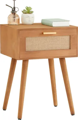 Produktbild von Nachttisch KIRAN in braun, Nachtschrank mit 1 Schublade, Nachtkommode im Boho Style und Jute Geflecht, Beistelltisch aus Paulownia Holz