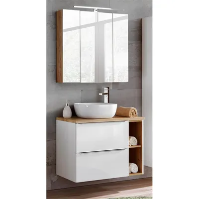 Produktbild von Badmöbel Set mit Keramik-Aufsatzwaschbecken TOSKANA-56 Hochglanz weiß & Wotaneiche BxHxT ca. B/H/T: 80/200/46cm