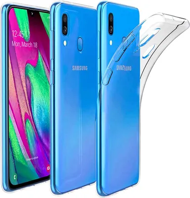 Three views of a blue Samsung Galaxy A40 smartphone with a transparent protective case. One view shows the front of the phone with the screen on, displaying the time and date. The other two views show the back of the phone, with one of them also showing th