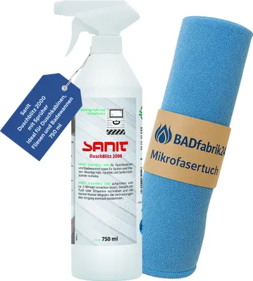 Produktbild von BADfabrik24 Sanit Duschblitz 2000 mit Sprüher, Flasche 750 ml + Mikrofasertuch