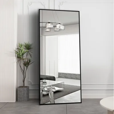 Image de Miroir de pied, cadre en métal, 180x80 cm, miroir pleine longueur, noir, à poser ou à suspendre