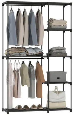 Produktbild von Stoffschrank Kleiderschrank mit Kleiderstange, Ablagen, für Schlafzimmer, Ankleidezimmer, 111 x 43 x 185 cm, Schwarz