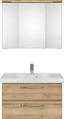 Produktbild von Waschplatz Badezimmer mit Keramikwaschbecken TRENTO-66 in Riviera Eiche Nb., B/H/T: ca. 92/200/48 cm
