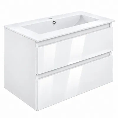 Produktbild von Badezimmerschrank 80 cm mit Keramikwaschbecken, 2 Schubladen Weiß Hochglanz / Soft-Close, Vollauszug, Keramik, Organizer, grifflos, pflegeleicht