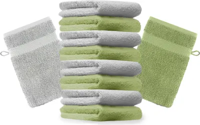 Produktbild von Betz 10 Stück Waschhandschuhe 16x21 cm PREMIUM 100% Baumwolle Farbe: apfelgrün und silbergrau
