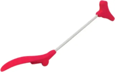 A red medical device for assisting with putting on compression stockings.