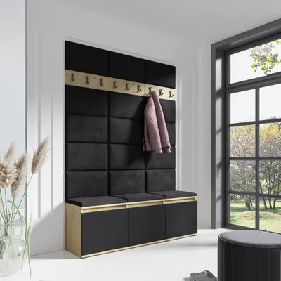 Produktbild von Garderoben-Set "LEON" mit Schuhregal und Polsterplatten, Ideal für Flur und Eingangsbereich (Artisan/Schwarz, Trinity 16)